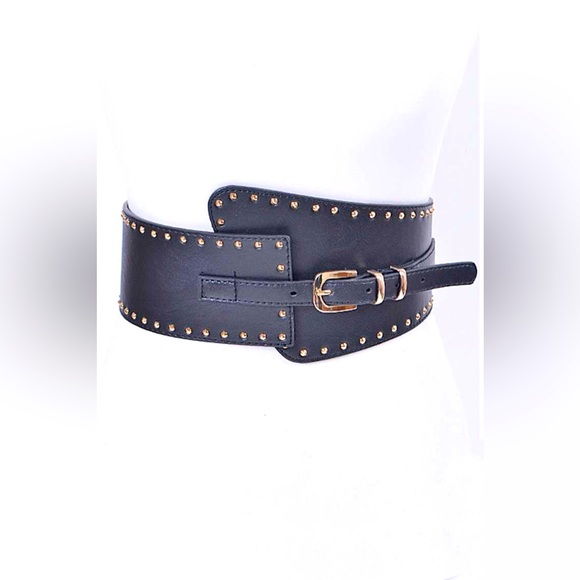 Black & Gold Vegan Leather Elastic Waist Corset Statement Belt - Picture 1 of 3